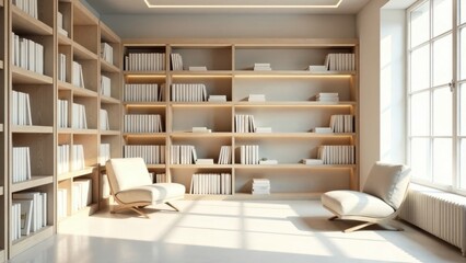 Serene Reading Nook with Built-in Bookshelves and Comfortable Lounge Chairs Bathed in Natural Sunlight