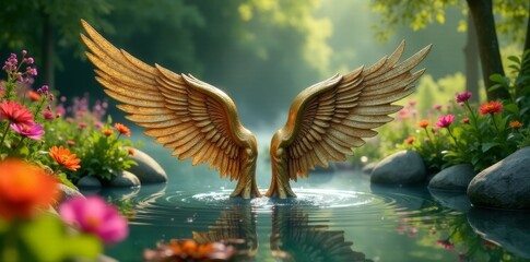 Golden Wings Resting Serene in a Tranquil Garden Pond, Surrounded by Vibrant Blossoms