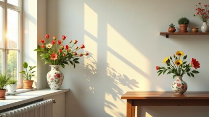 Sunlit Room with Floral Arrangements in Decorative Vases and Potted Plants on Window Sill
