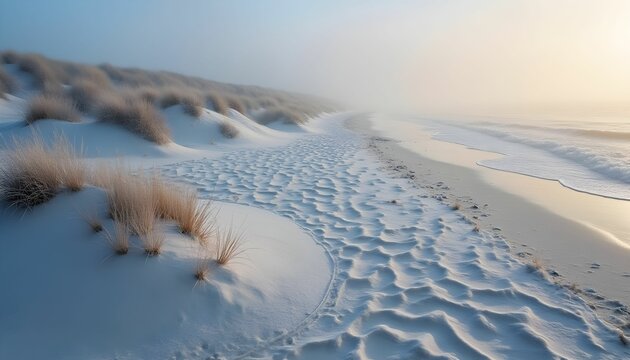 Sandy shoreline under the soft glow of summer morning light with calming ocean waves and gentle dunes in the background Generative AI - Powered by Adobe