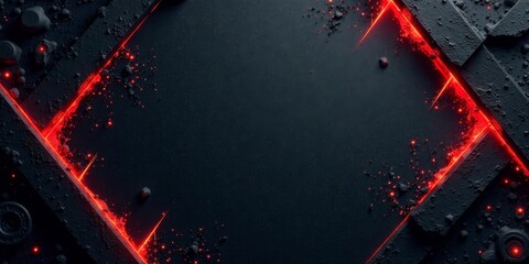 Abstract Dark Background with Glowing Red Fractured Lines and Dark Grey Texture
