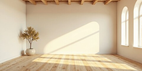 Sunlit Empty Room with Wooden Floor and Arched Windows, Ideal for Interior Design Inspiration