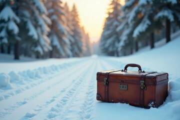 Vintage suitcase rests on snowy, serene road, frozen landscape Adventure awaits , isolated, cold, winter