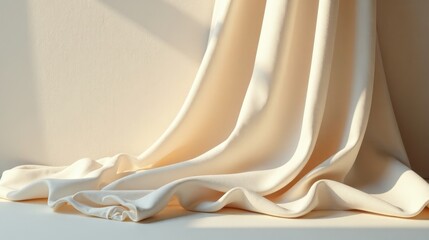 Cream-colored fabric drapes elegantly, showcasing soft folds and subtle shadows in a gentle, sunlit space