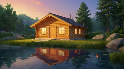 Fototapeta premium Rustic Cabin at Twilight. A cozy log cabin is nestled among tall pine trees, illuminated warmly from within as twilight descends. A serene pond in the foreground mirrors the cabin and trees