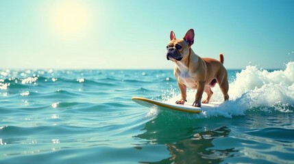 A French Bulldog Rides a Wave on a Sunny Day, Embracing the Ocean's Joyful Energy