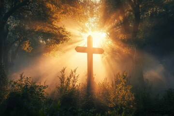 Cross illuminated by dawn light in tranquil forest with golden rays illuminating the surroundings, Cross at dawn in a heavenly forest rays of light piercing through serene and majestic