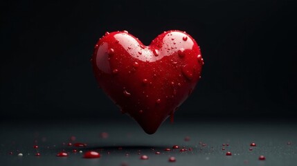 A crimson heart, glistening with moisture, drips vibrant red droplets onto a dark surface.