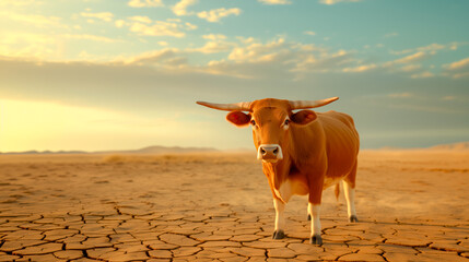 A horned bull in an African landscape with scorched cracked earth. Drought