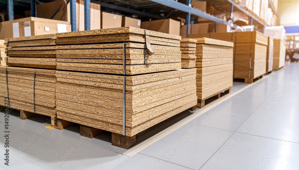 Poster warehouse inventory: stacks of particleboard sheets