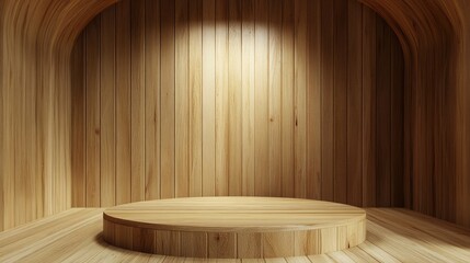 Wooden podium stage with wood plank wall and floor in a studio setting