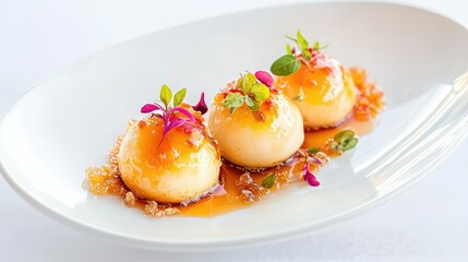 Minimalist presentation of gulab jamun on a bright white plate, letting their rich tones and glossy syrup stand out