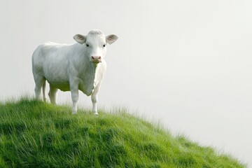 Obraz premium A white cow stands atop a grassy hill.