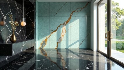 Modern Interior Design Elegant Aqua and Black Marble Walls, Gleaming Floor, and Minimalist Decor