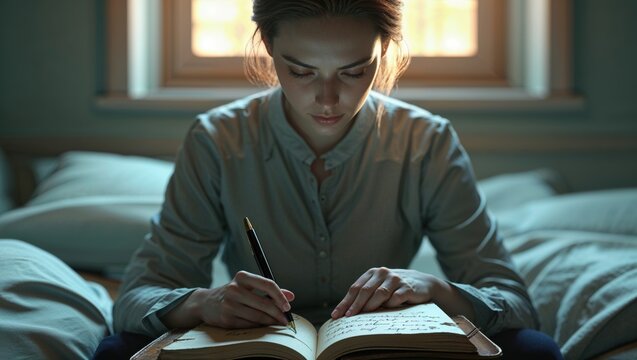 Young woman sits in bed, pensively writing in a journal. Soft light streams in from a nearby window, illuminating her focused expression.