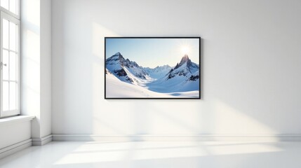A Breathtaking Panoramic View of Majestic Snow-Capped Mountains, Gracefully Displayed in a Modern Minimalist Interior Setting