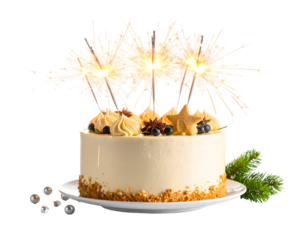 Light beige layer cake, embellished with festive sparklers and various toppings, including cream, berries, and star-shaped candies, sits on a plate.