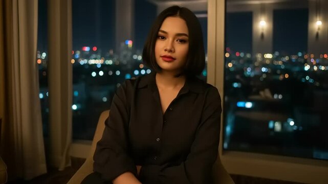 Woman holding condom package by window at night.
