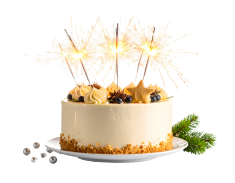 Light beige layer cake, embellished with festive sparklers and various toppings, including cream, berries, and star-shaped candies, sits on a plate.