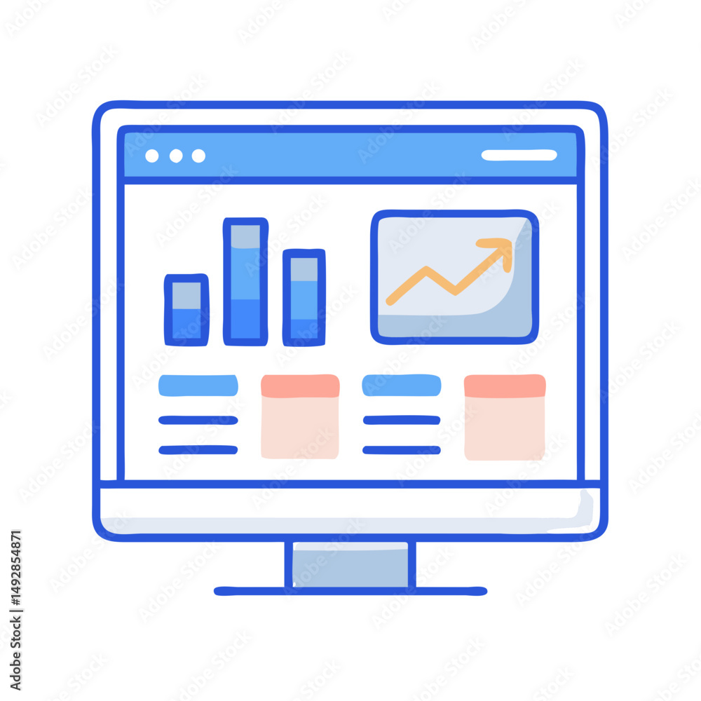 Poster desktop computer screen displaying data charts and graphs icon