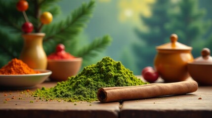Aromatic Green Powder and Cinnamon Stick on Wooden Surface with Blurred Festive Background