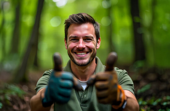 Male volunteer in the forest. Happy forester. Male searcher in the forest. Portrait of a man on a hike.