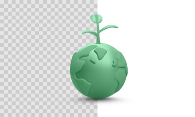 Green Earth Globe With Sprouting Plant. Eco Friendly Concept Of Sustainability, Nature Protection, And Planet Care. Realistic Cartoon Style. Vector Illustration.
