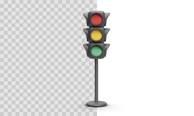 3D Traffic Light With Red, Yellow, Green Signal On Pole. Urban Road Safety Object On Transparent Background. Vector Illustration.