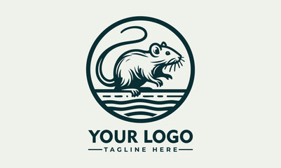 Stylized rat illustrated inside circular frame with curved water-like lines below feet. Animal concept
