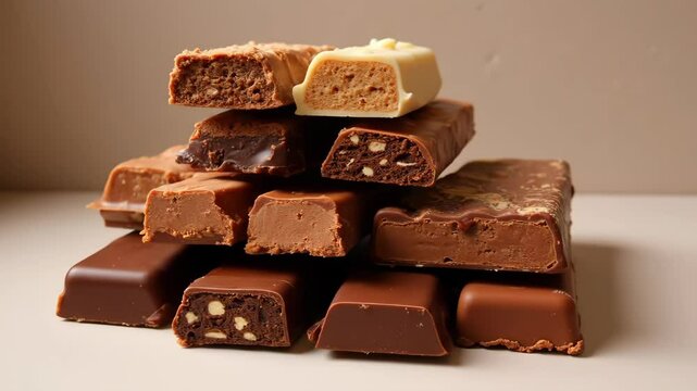 Assorted chocolate bars stacked with different fillings on display  