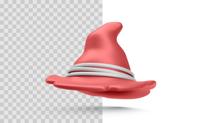 3D Red Witch Hat With White Bands, Fantasy Wizard Hat For Halloween Or Magic Theme On Transparent Background. Vector Illustration.