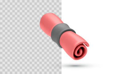 Rolled Red Scroll Or Yoga Mat In 3D Realistic Style, Symbol Of Fitness, Wellness Or Important Document, Isolated On Transparent Background. Vector Illustration.