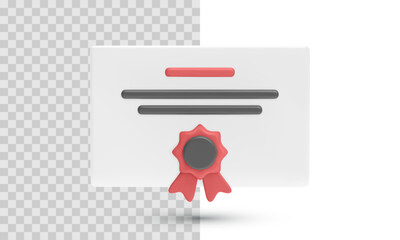3D Certificate With Red Ribbon And Stamp Badge, Official Diploma Or Award Document On Transparent Background. Vector Illustration.
