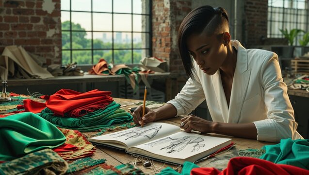 A young Black female fashion designer sketches designs in her studio, surrounded by vibrant fabrics. Focused and creative, she brings her vision to life.