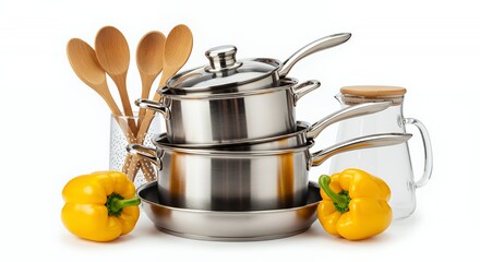 Stacked Stainless Steel Cookware Set with Wooden Utensils and Yellow Bell Peppers Isolated on White