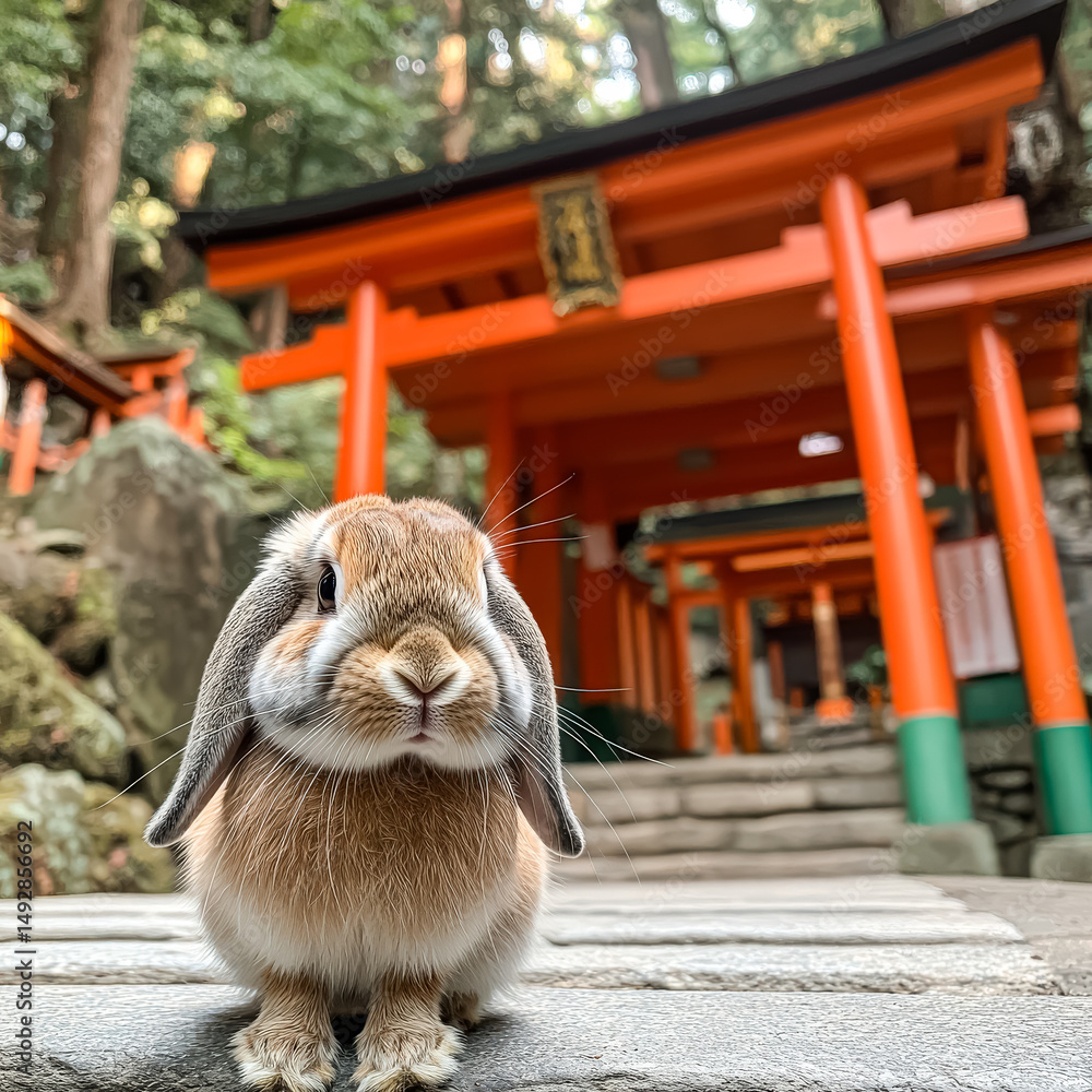 Aufkleber rabbit is standing on a stone walkway in front of a building. the rabbit is curious and is looking a