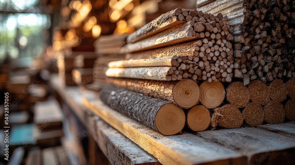 Poster stacked natural timber logs in workshop setting with soft lighting and warm tones
