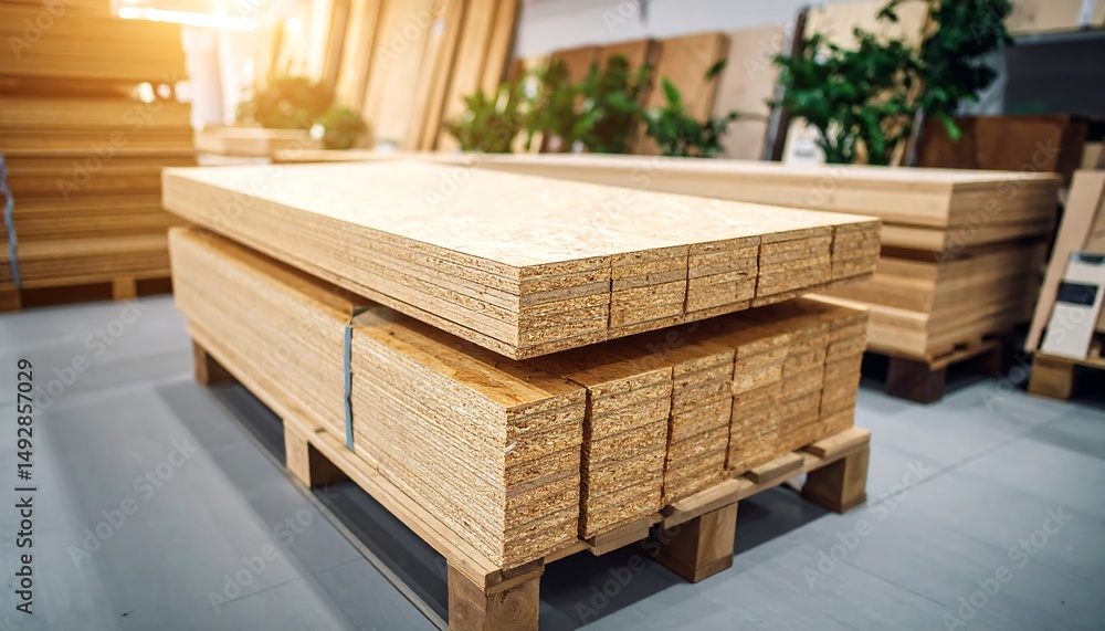 Poster stack of particleboard sheets in warehouse