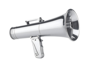 Highly polished, metallic megaphone, angled and positioned for an impactful display of its form and features. The design is modern and technical.