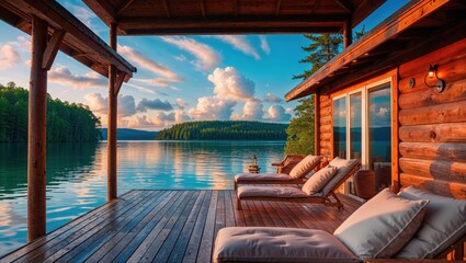 Fototapeta premium Tranquil sunset view from a lakeside cabin. Comfortable lounge chairs on a wooden deck offer the perfect spot to relax and enjoy the serene atmosphere.
