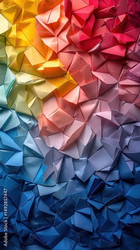 Poster Dynamic abstract background featuring a rich spectrum of folded geometric shapes and smooth color transitions