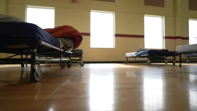 Emergency Shelter Setup with Multiple Cots in a Brightly Lit Gymnasium With Wood Flooring