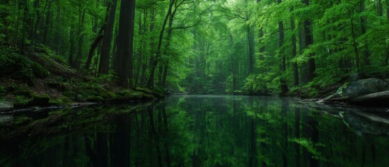 Serene Forest Lake Reflection at Dawn Panorama; Lush Green Trees and Mossy Banks in a Peaceful Natural Setting
