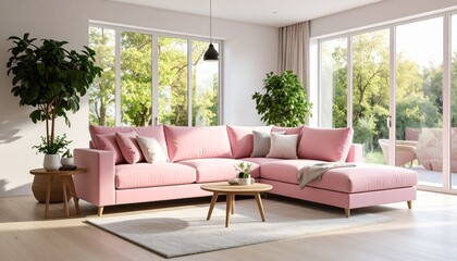 cozy pink sectional sofa in a modern living room with natural light coming through the windows