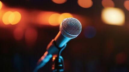 A microphone on a stage with a blurred background of lights.
