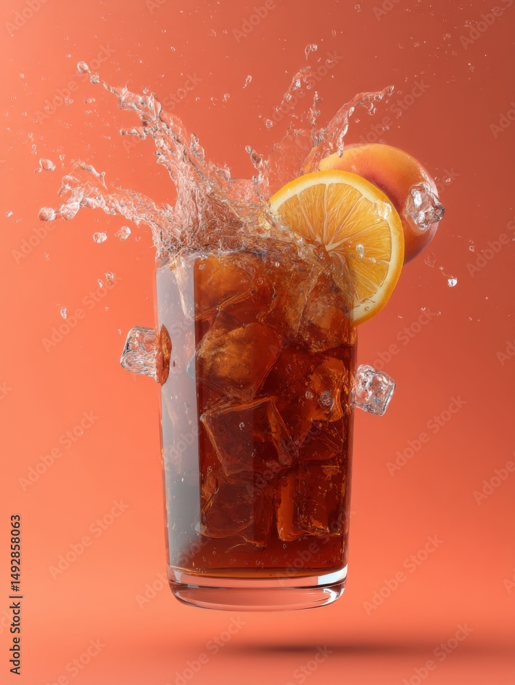Poster refreshing iced tea splash with orange slice and peach on coral background studio shot high speed ac