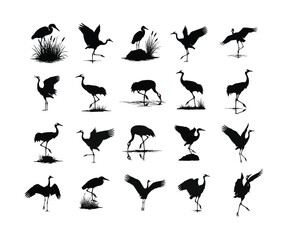 Crane Bird Silhouette Vector Icons &ndash; Elegant Flying and Standing Cranes Wildlife Clipart Set .

