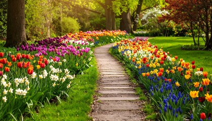 vibrant multi colored flower path serene spring landscape photograph