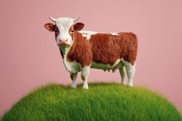 Fototapeta premium Digital rendering of a cow on a grassy mound.