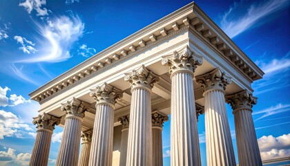 low angle view of classical architecture featuring ornate columns against a blue sky with clouds generative ai
